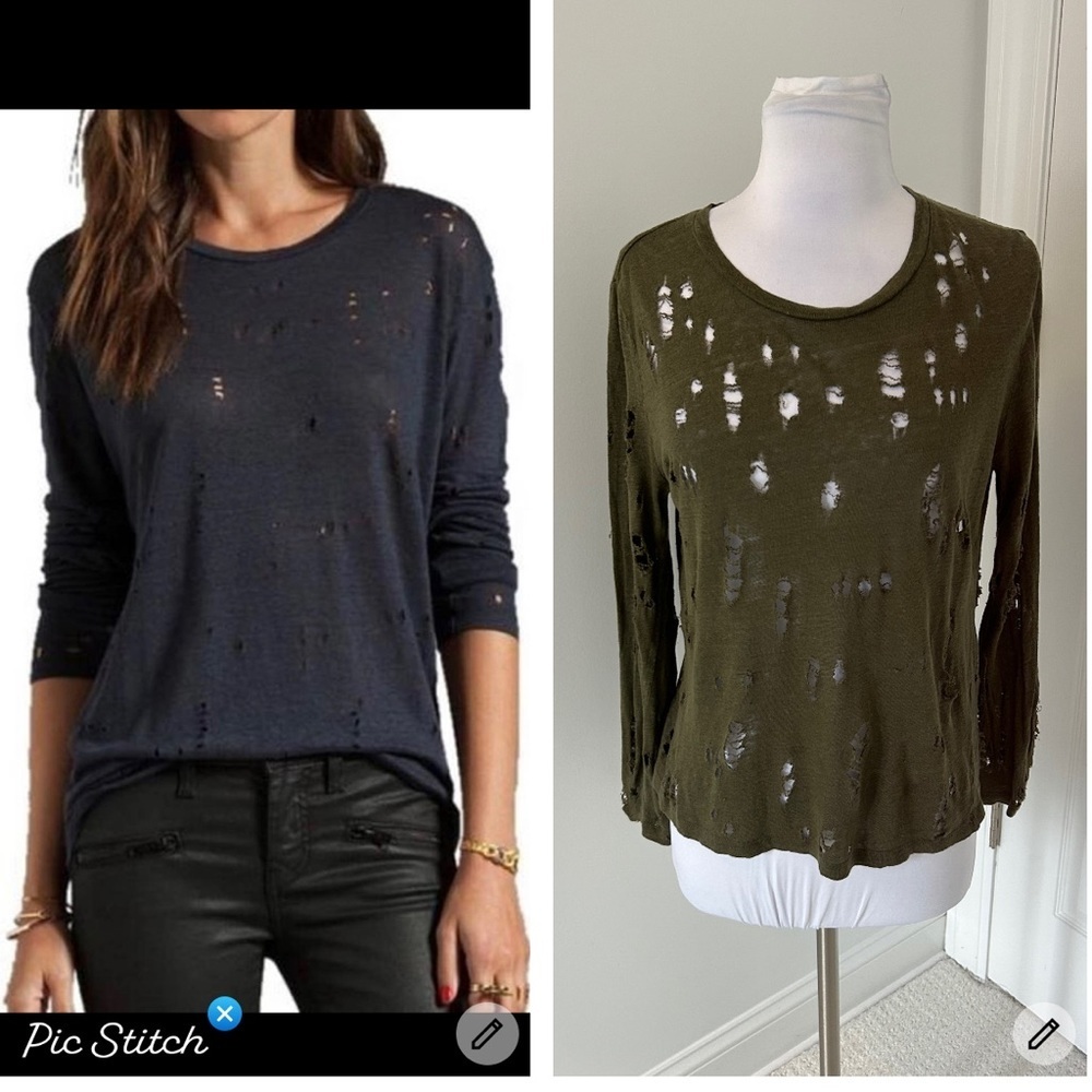 IRO Liza Distressed Linen Long Sleeve Tee Army Green